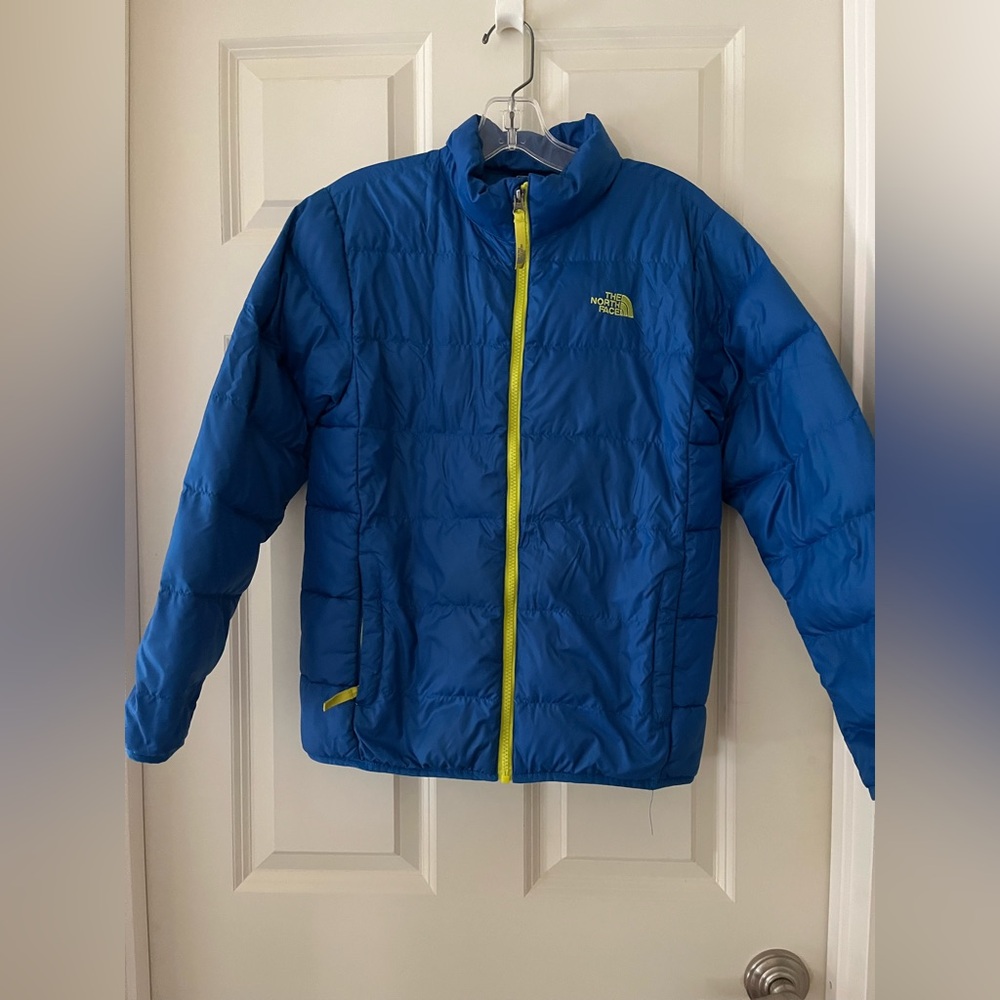 The North Face Youth 14/16 Goose Down lightweight puffer jacket Blue/Yellow